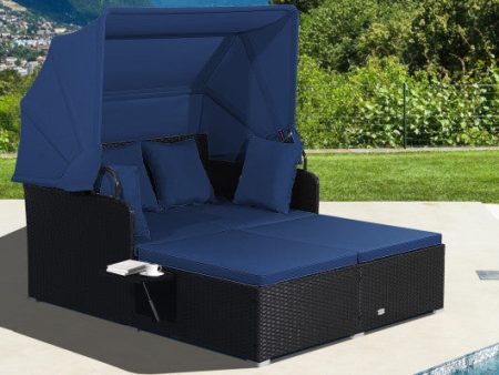 Patio Rattan Daybed with Retractable Canopy and Side Tables-Navy Online now