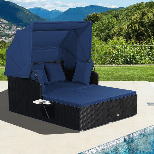 Patio Rattan Daybed with Retractable Canopy and Side Tables-Navy Online now