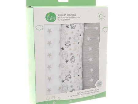 Ziggle Muslin Squares 3 Pack Grey and White Online Sale