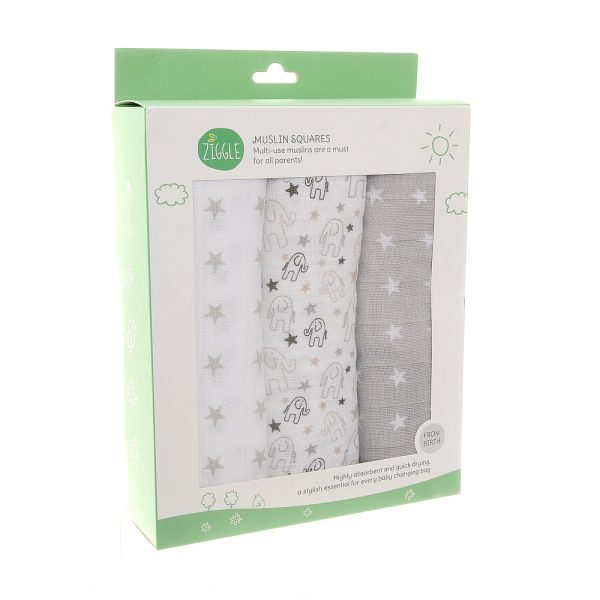 Ziggle Muslin Squares 3 Pack Grey and White Online Sale