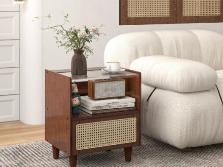 Bamboo Rattan Nightstand with Drawer and Solid Wood Legs-Brown Online