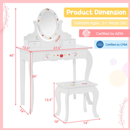 Kids Vanity and Stool Set with 360° Rotatable Mirror and Whiteboard-White Supply