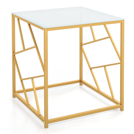 Square End Table with Tempered Glass Tabletop and Gold Finish Geometric Frame-Golden Online Hot Sale