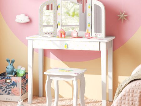 Kids Vanity Table Set with Tri-Folding Mirror and Large Drawer-White Online Hot Sale