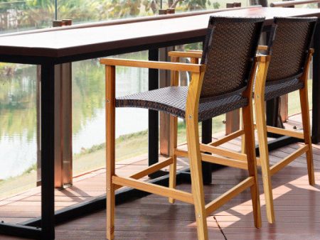 Set of 2 PE Wicker Patio Bar Chairs with Acacia Wood Armrests-Set of 2 Online Hot Sale