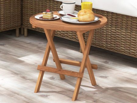 Round Patio Folding Coffee Table Teak Wood with Slatted Tabletop Supply