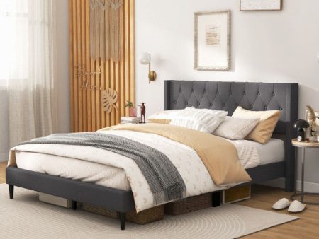 Queen Size Upholstered Platform Bed with Button Tufted Wingback Headboard-Gray Sale