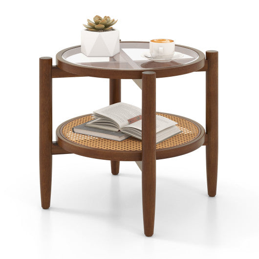 Rattan Round Side End Table with Tempered Glass Tabletop on Sale