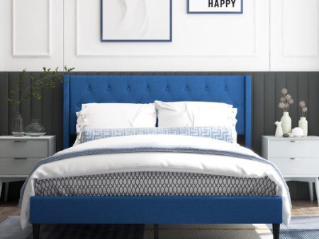 Queen Size Upholstered Platform Bed with Button Tufted Wingback Headboard-Blue Online now