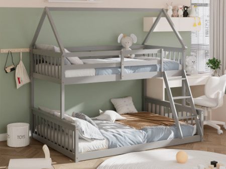 Twin Over Full House Bunk Bed with Ladder and Guardrails-Gray Fashion