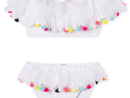 white draped bikini with petals & pom poms for girls by Stella Cove Discount