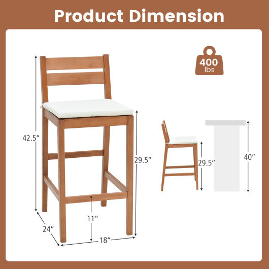 Set of 2 Outdoor Wood Barstools with Soft Seat Cushion-Off White For Sale