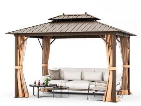 10x13ft Double-Roof Patio Hardtop Gazebo with Galvanized Steel Roof Netting and Curtains-Coffee Cheap