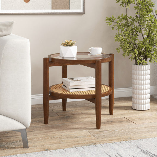 Rattan Round Side End Table with Tempered Glass Tabletop on Sale