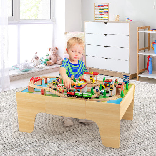 84-Piece Wooden Train Set with Reversible and Detachable Tabletop Cheap