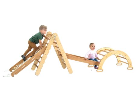 4in1 Montessori Climbing Set: Triangle Ladder + Arch Rocker + Slide Board Ramp + Climbing Net – Beige Online Sale