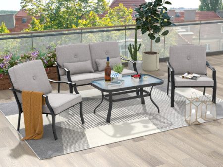 4 Pieces Outdoor Conversation Set with Seat Back Cushions and Waist Pillows-Gray Cheap