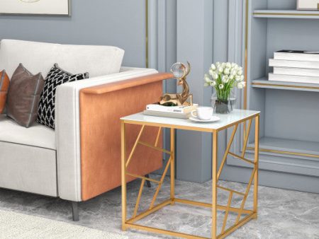 Square End Table with Tempered Glass Tabletop and Gold Finish Geometric Frame-Golden Online Hot Sale