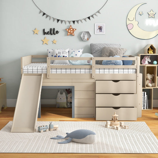 3-In-1 Twin Loft Bed with Slide Ladder Drawers for Kids Teens-Beige Hot on Sale