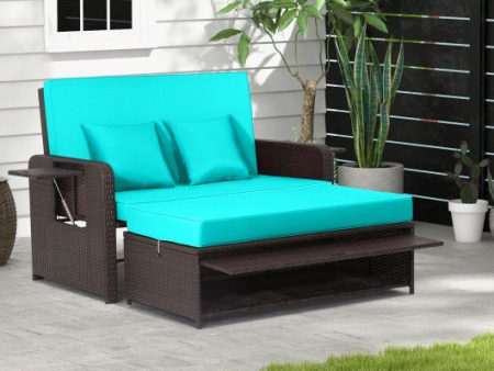 Patio Rattan Daybed with 4-Level Adjustable Backrest and Retractable Side Tray-Turquoise Fashion