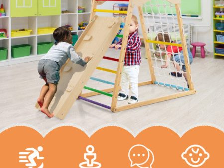 6-in-1 Jungle Gym Wooden Indoor Playground with Double-Sided Ramp and Monkey Bars-Multicolor Discount