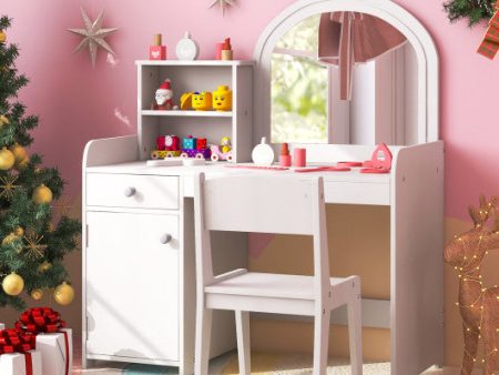 Kids Vanity Table and Chair Set with Shelves Drawer and Cabinet-White Discount