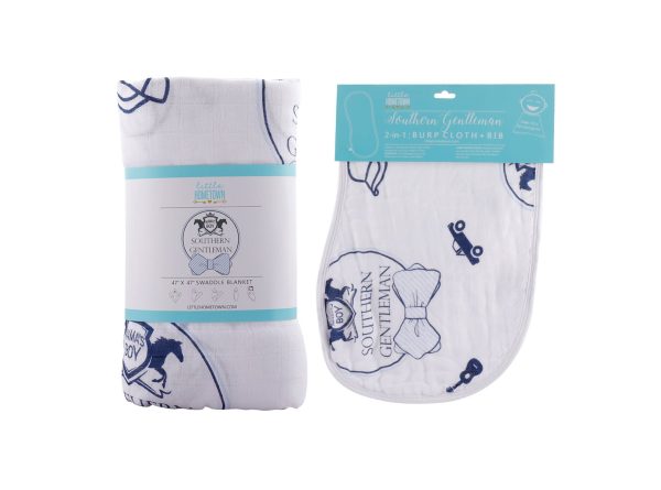 Gift Set: Southern Gentleman Baby Muslin Swaddle Blanket and Burp Cloth Bib Combo by Little Hometown For Sale