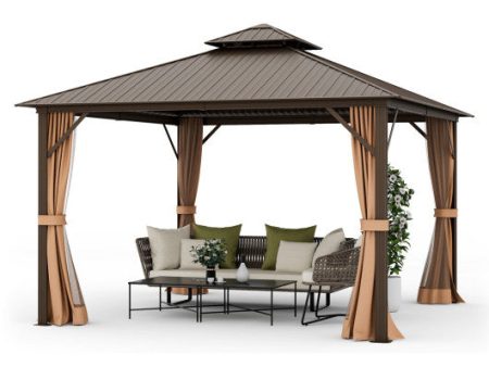 12 x 12 Feet Double-Roof Patio Hardtop Gazebo with Galvanized Steel Roof Netting and Curtains-Coffee Sale