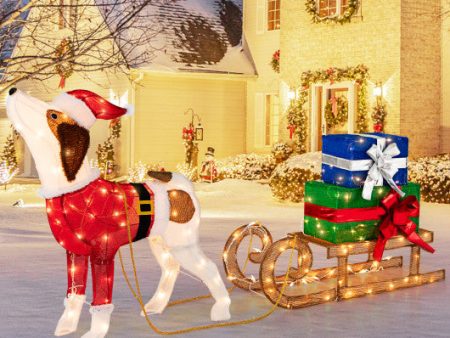 Outdoor Pre-lit Xmas Dog and Sleigh with 170 Warm Bright Lights for Porch Online now