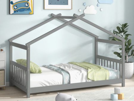 Twin Size Wooden House Bed with Roof-Gray Online