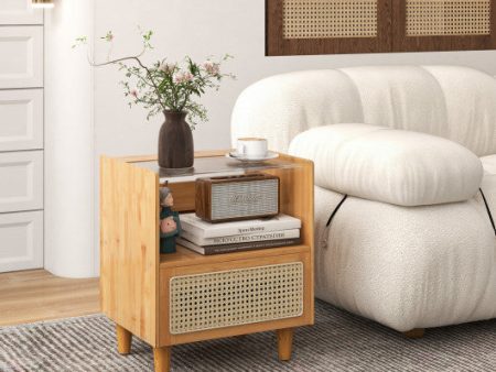 Bamboo Rattan Nightstand with Drawer and Solid Wood Legs-Natural Online