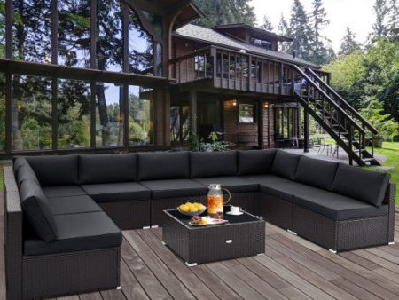 10 Piece Outdoor Wicker Conversation Set with Seat and Back Cushions-Black Online Sale