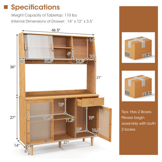 69 Inch Wine Bar Kitchen Cabinet with Sliding Tempered Glass and Rattan Door-Natural Sale