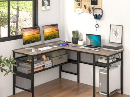 L-Shaped Computer Desk with Charging Station and Adjustable Shelf-Gray on Sale