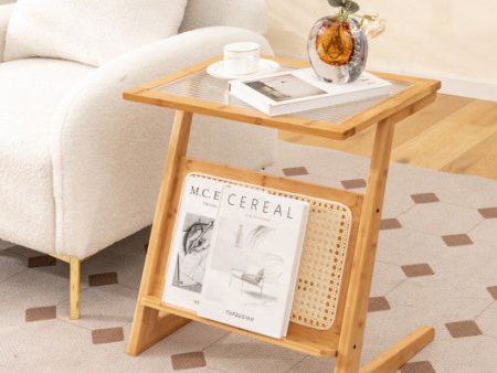 Z-shaped End Table with Magazine Rack and Rattan Shelf-Natural For Discount