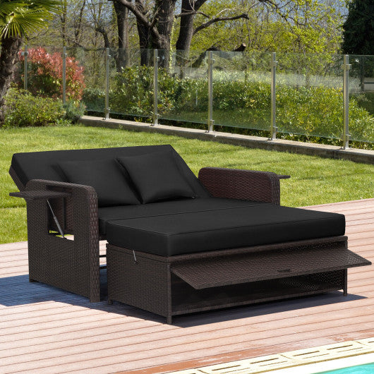 Patio Rattan Daybed with 4-Level Adjustable Backrest and Retractable Side Tray-Black Supply