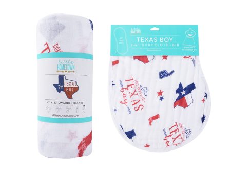 Gift Set: Texas Baby Boy Muslin Swaddle Blanket and Burp Cloth Bib Combo by Little Hometown Hot on Sale