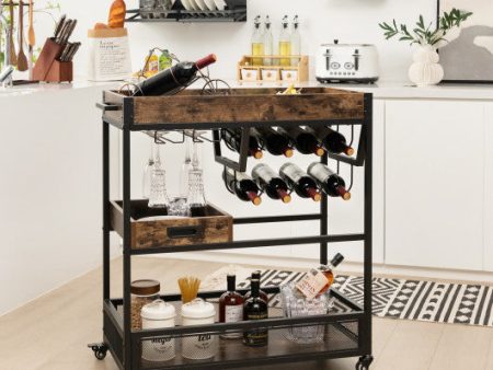 3-Tier Industrial Buffet Serving Cart with Wine Rack Cheap