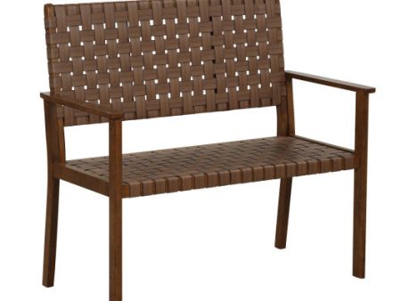 Outdoor All Weather Bench with Solid Rubber Wood Frame and Hand Woven PU Leather-Brown Online Sale