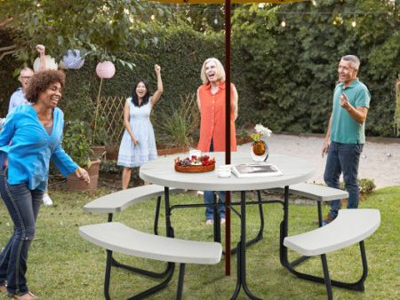 8-Person Outdoor Picnic Table and Bench Set with Umbrella Hole-White Online