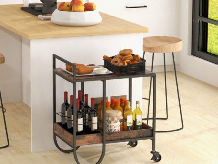 Rolling Buffet Serving Cart with Removable Metal Wire Wine Rack-Brown on Sale