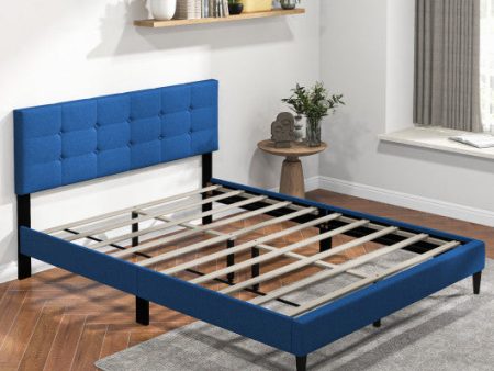 Queen Size Upholstered Platform Bed with Button Tufted Headboard-Blue For Discount