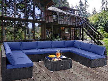 10 Piece Outdoor Wicker Conversation Set with Seat and Back Cushions-Navy For Discount