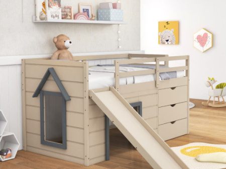 3-In-1 Twin Loft Bed with Slide Ladder Drawers for Kids Teens-Beige Hot on Sale