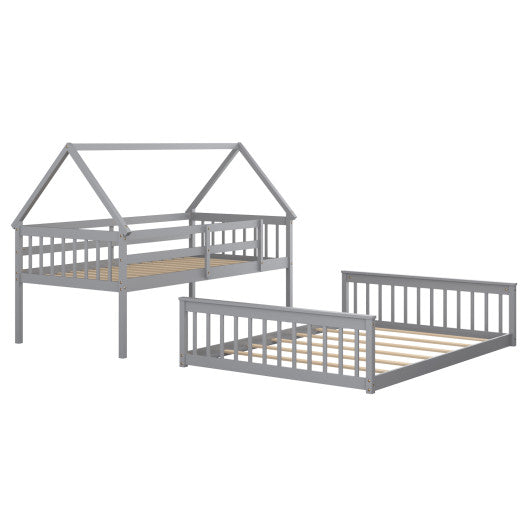 Twin Over Full House Bunk Bed with Ladder and Guardrails-Gray Fashion