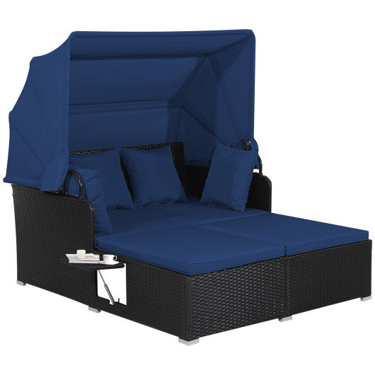 Patio Rattan Daybed with Retractable Canopy and Side Tables-Navy Online now