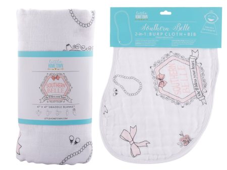 Gift Set: Southern Belle Baby Muslin Swaddle Blanket and Burp Cloth Bib Combo by Little Hometown Discount