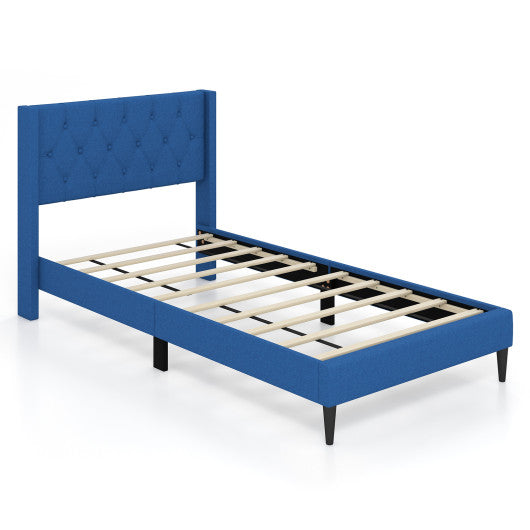 Twin Size Upholstered Platform Bed with Button Tufted Wingback Headboard-Blue Cheap