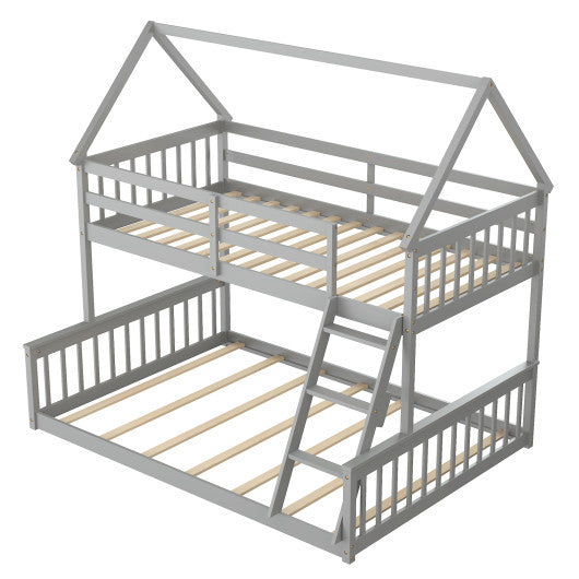 Twin Over Full House Bunk Bed with Ladder and Guardrails-Gray Fashion