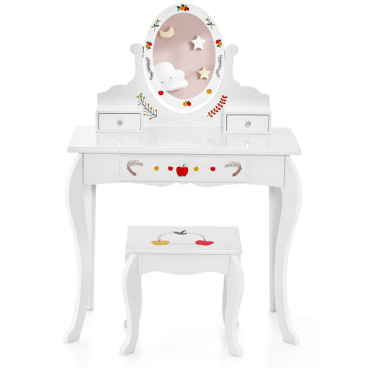 Kids Vanity and Stool Set with 360° Rotatable Mirror and Whiteboard-White Supply